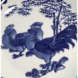 Taoci Chinese Rooster Plate Blue White Pottery Dish Ceramic Grapes Trees Vntg